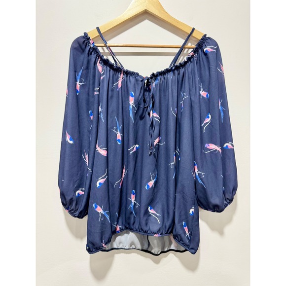 New York & Company Tops - New York & Company Navy Blue Bird Print Off Shoulder Blouse Large Tie Neck Top